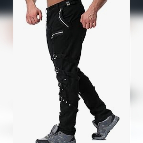 Men's Black Buckle Strap Pants - Picture 3 of 16